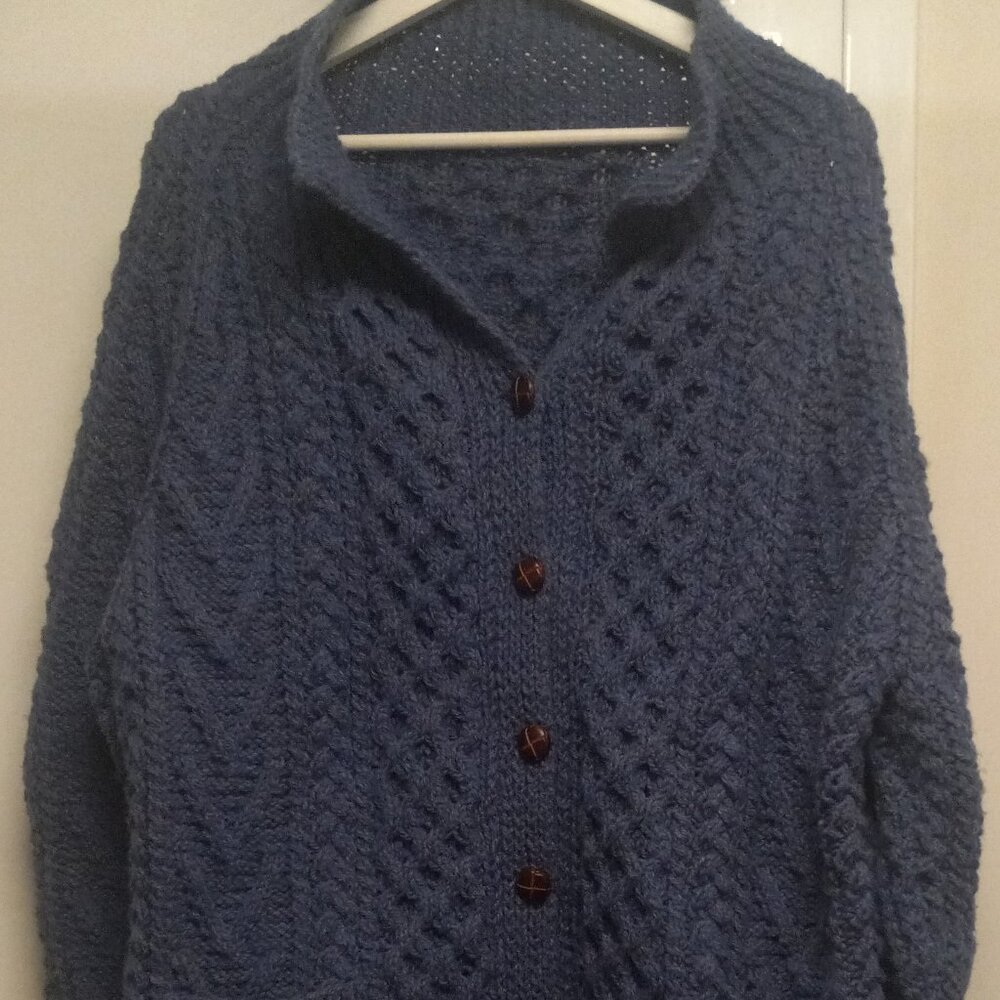 Irish Cardigan, Hand Knitted, Blue